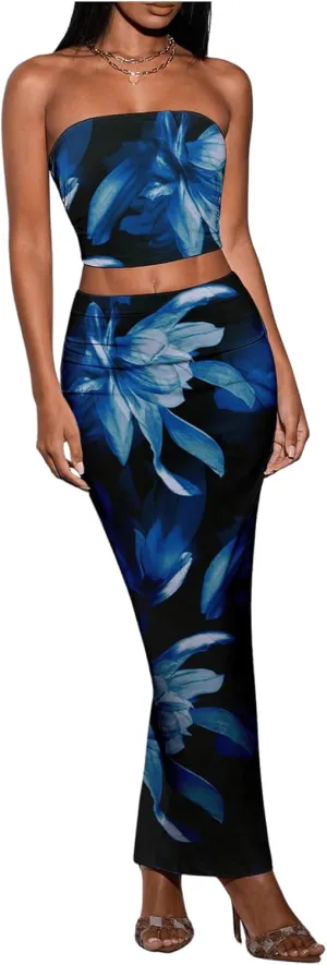 Verdusa Women's 2 Piece Floral Print Outfit Backless Crop Tube Tops and Maxi Bodycon Skirt Set