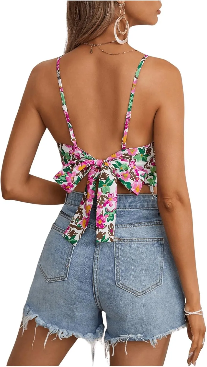 Verdusa Women's Sleeveless Floral Print Tie Backless Summer Crop Cami Top Boho Tops