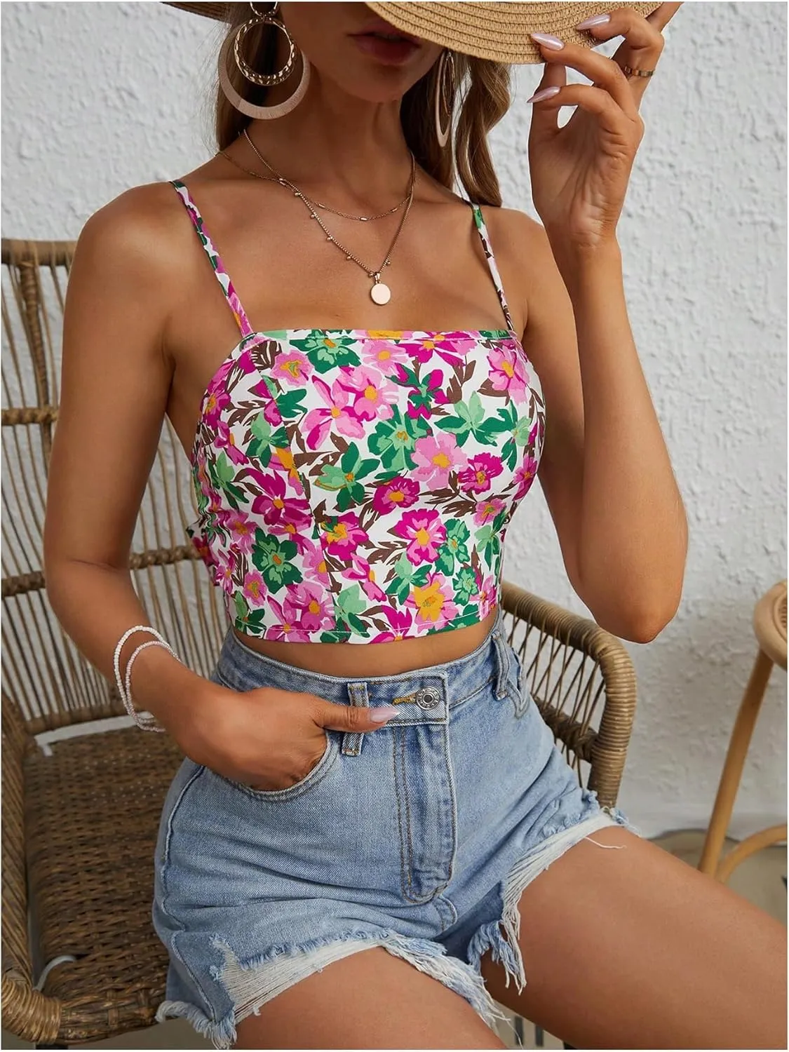 Verdusa Women's Sleeveless Floral Print Tie Backless Summer Crop Cami Top Boho Tops