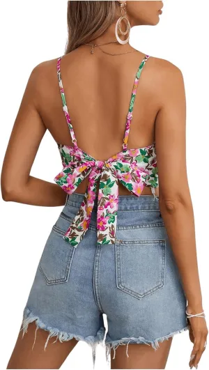 Verdusa Women's Sleeveless Floral Print Tie Backless Summer Crop Cami Top Boho Tops