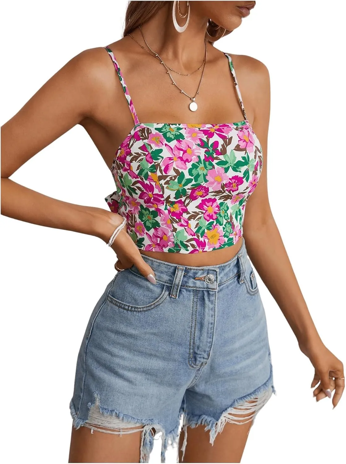 Verdusa Women's Sleeveless Floral Print Tie Backless Summer Crop Cami Top Boho Tops