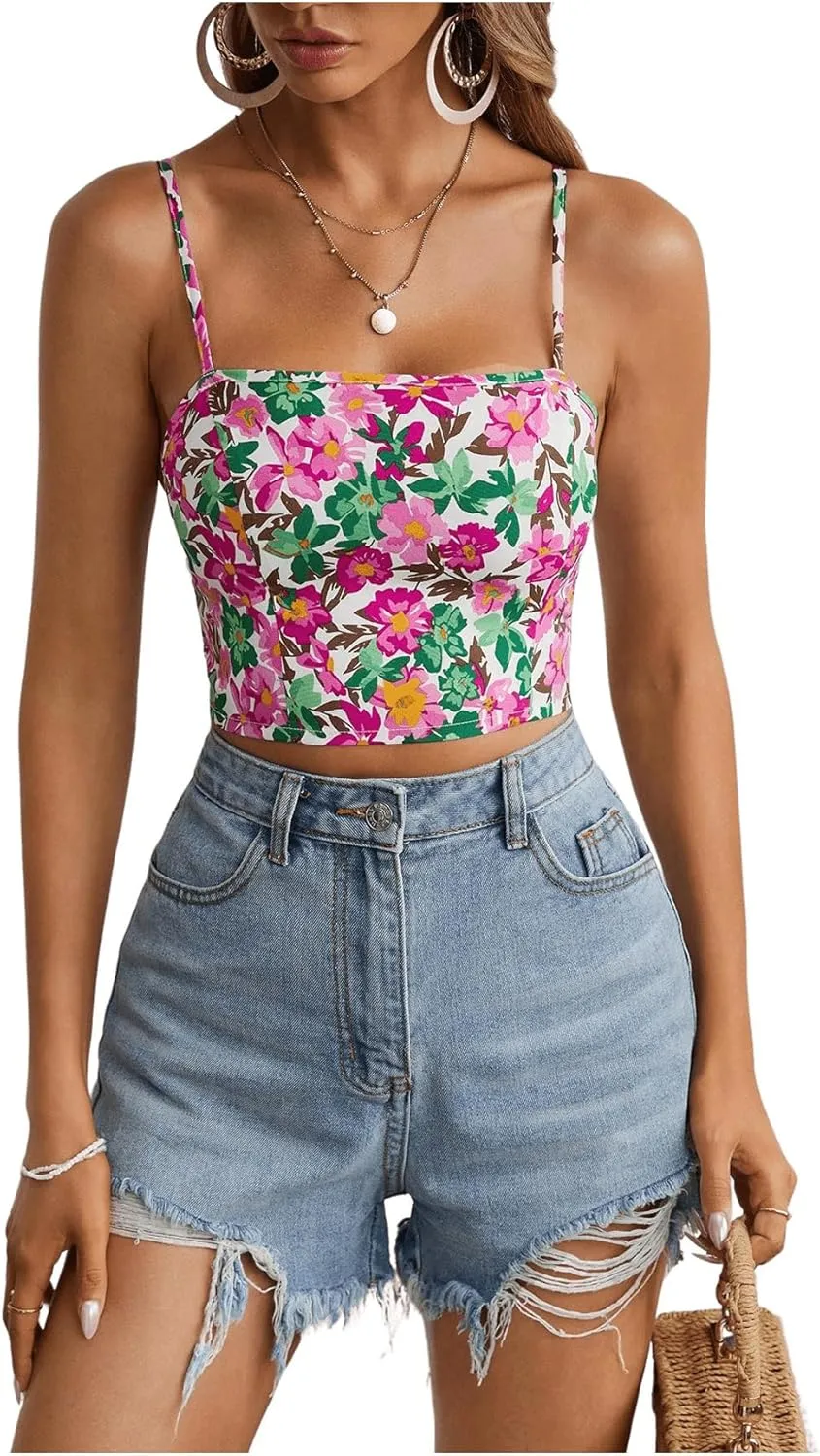 Verdusa Women's Sleeveless Floral Print Tie Backless Summer Crop Cami Top Boho Tops