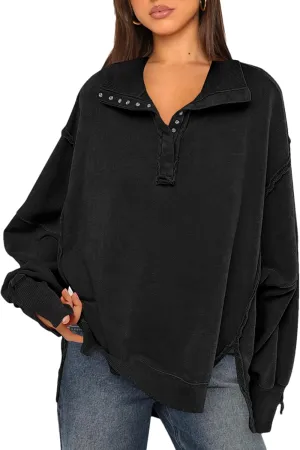 Wanzetaly Women's Oversized Sweatshirt Button Henley Neck Hoodies Long Sleeve Pullover Tops 2024 Outfits