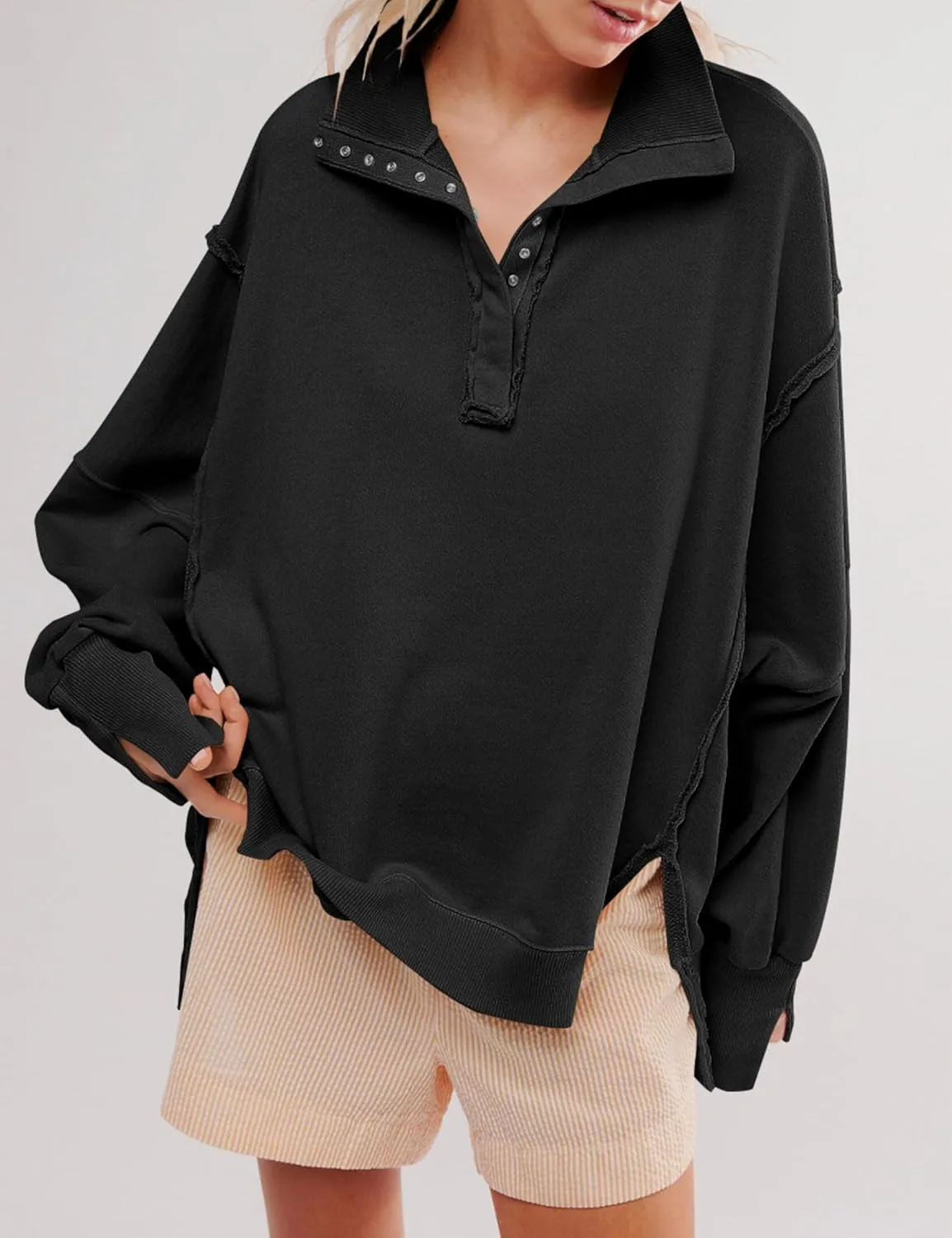 Wanzetaly Women's Oversized Sweatshirt Button Henley Neck Hoodies Long Sleeve Pullover Tops 2024 Outfits