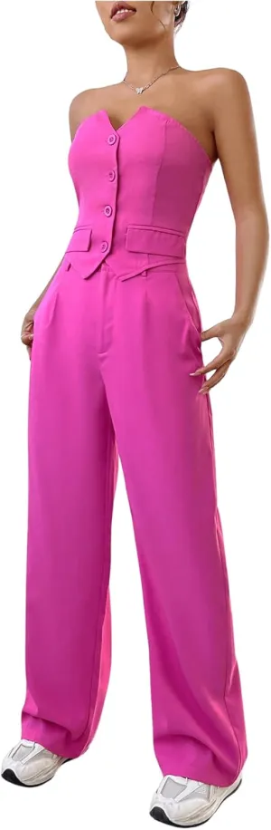 WDIRARA Women's Two Piece Bandeau Sleeveless Crop Tube Tops and High Waist Pants Clothing Set