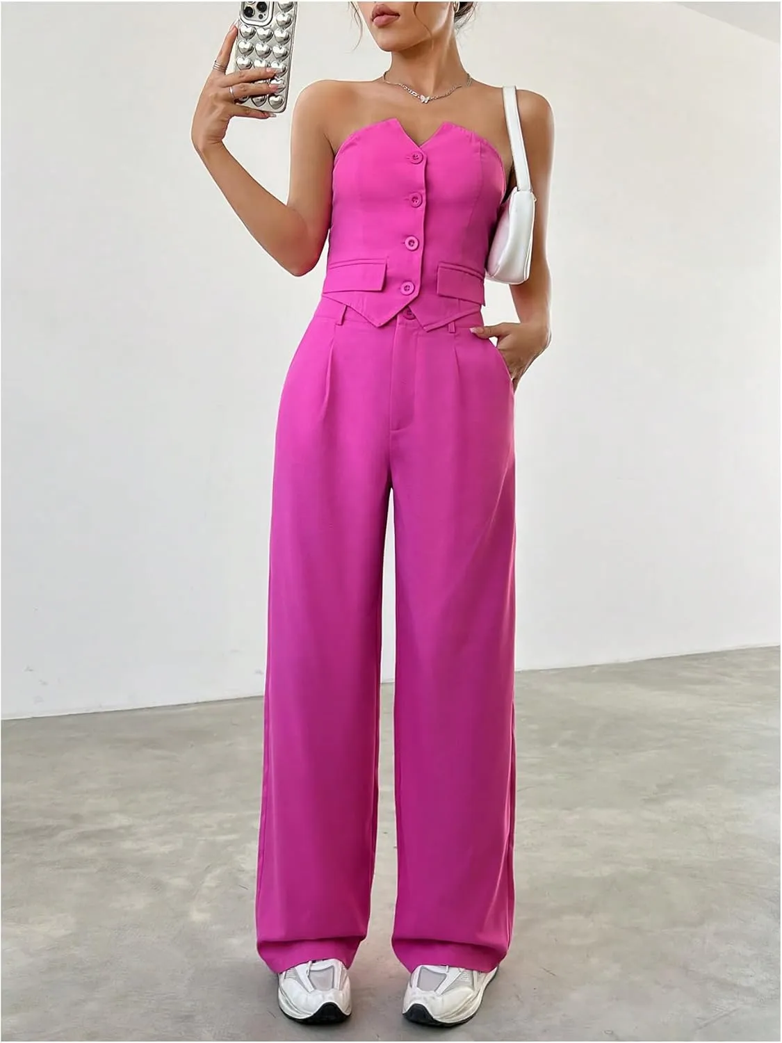 WDIRARA Women's Two Piece Bandeau Sleeveless Crop Tube Tops and High Waist Pants Clothing Set