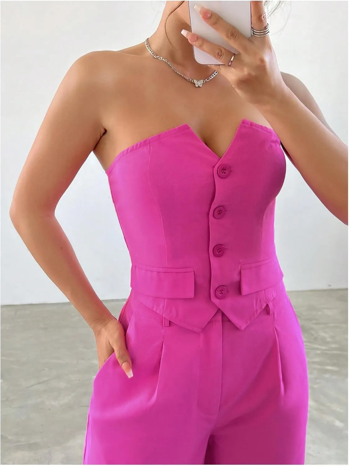 WDIRARA Women's Two Piece Bandeau Sleeveless Crop Tube Tops and High Waist Pants Clothing Set
