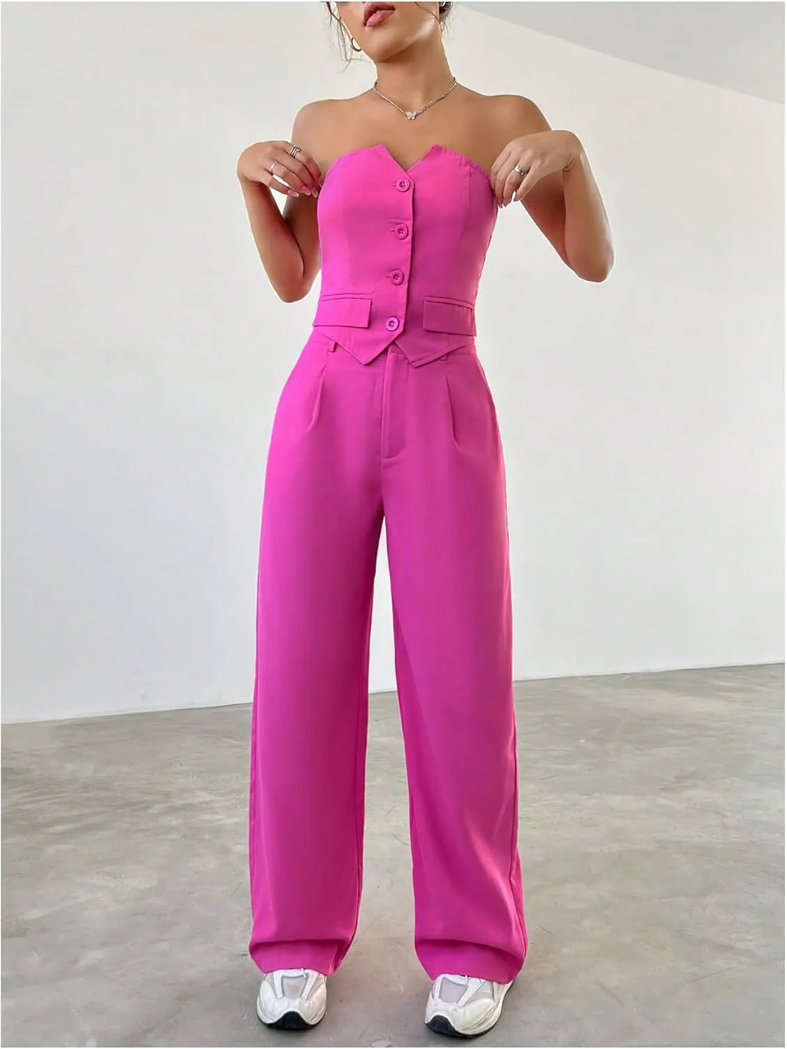 WDIRARA Women's Two Piece Bandeau Sleeveless Crop Tube Tops and High Waist Pants Clothing Set