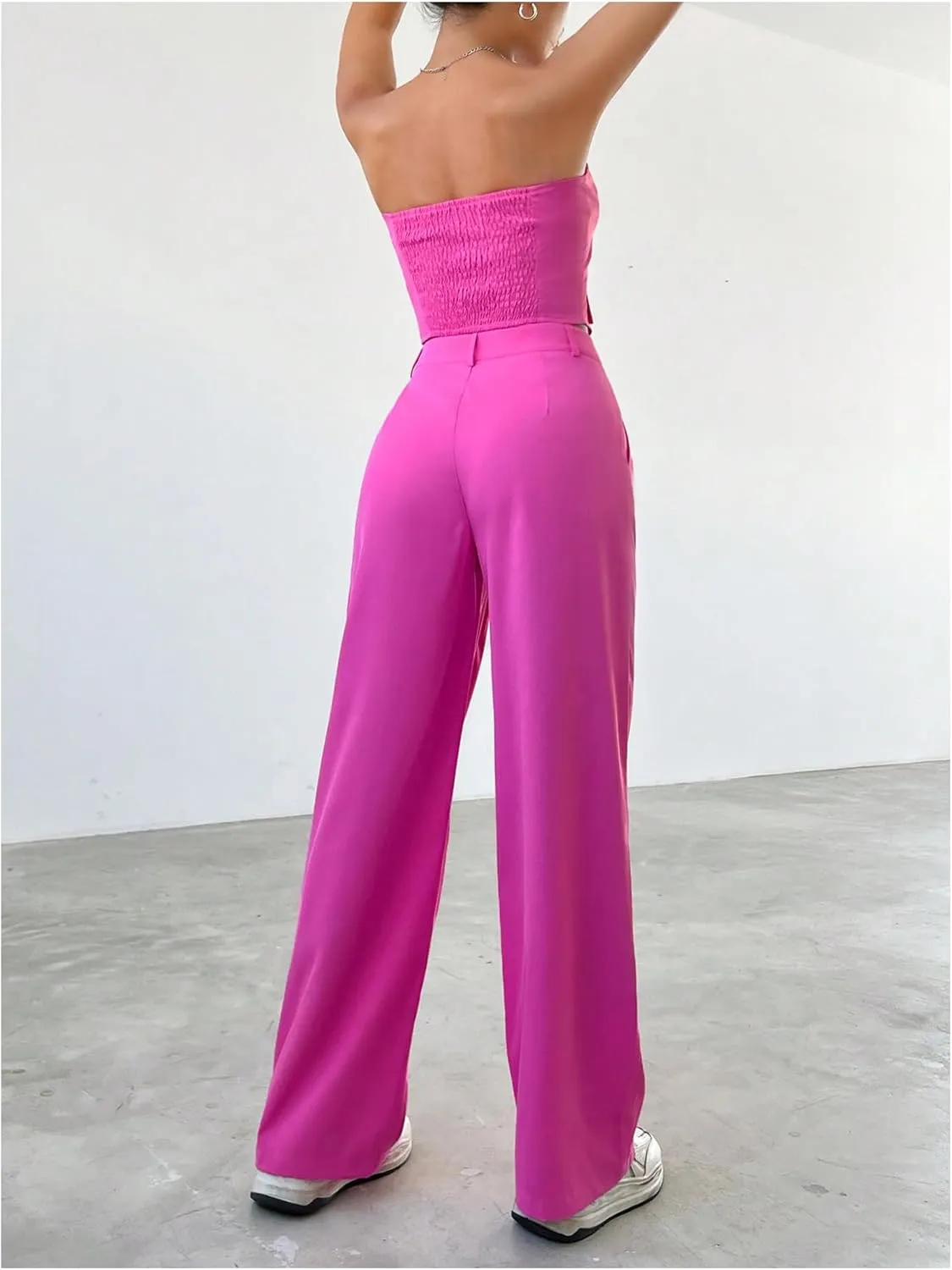 WDIRARA Women's Two Piece Bandeau Sleeveless Crop Tube Tops and High Waist Pants Clothing Set