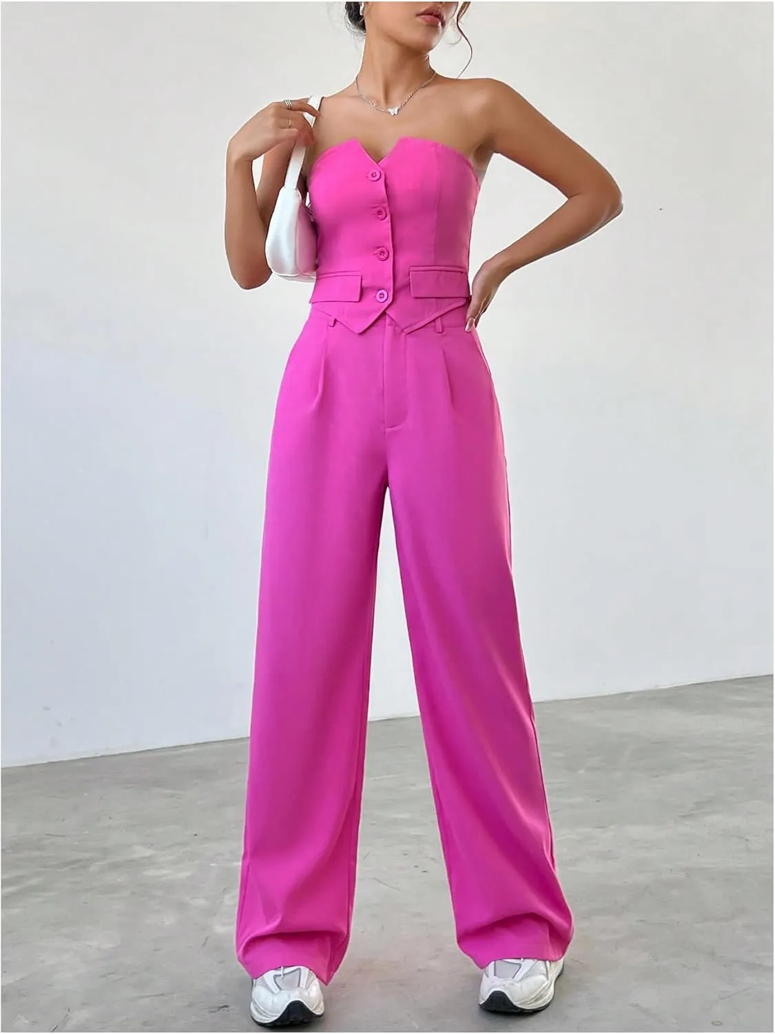 WDIRARA Women's Two Piece Bandeau Sleeveless Crop Tube Tops and High Waist Pants Clothing Set