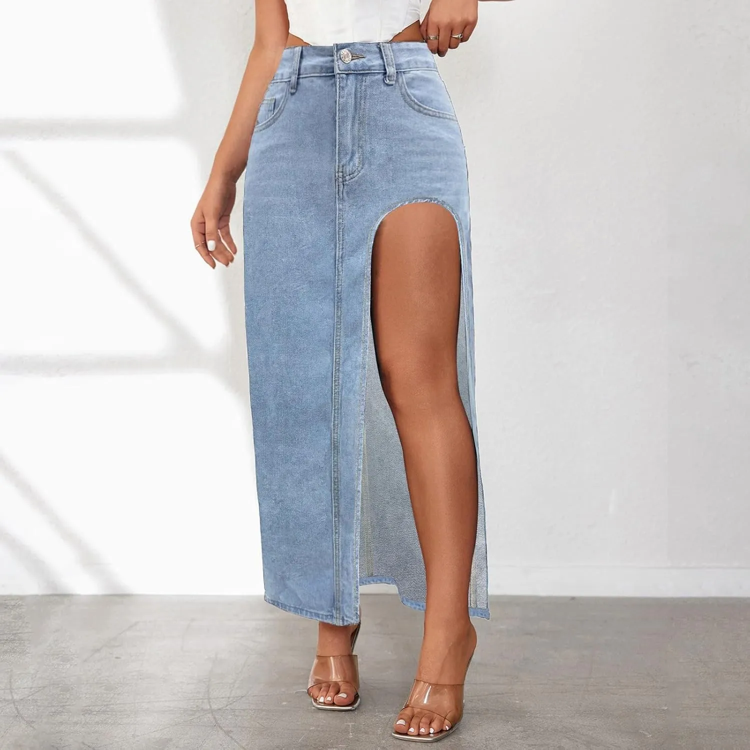 Wide Leg Jeans Woman High Waisted Casual Mom Trendy Split Thigh Maxi Denim Pants Ladies Zip Up Long Pencil Jean