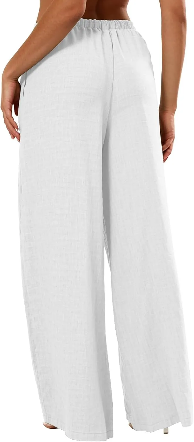 Wide Leg Linen Pants for Women Baggy Lightweight Summer Pants Casual Elastic Drawstring Waist Flowy Boho Beach Pants