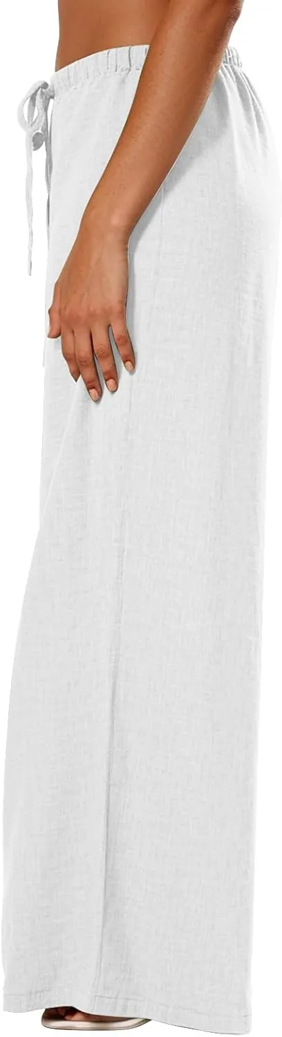 Wide Leg Linen Pants for Women Baggy Lightweight Summer Pants Casual Elastic Drawstring Waist Flowy Boho Beach Pants