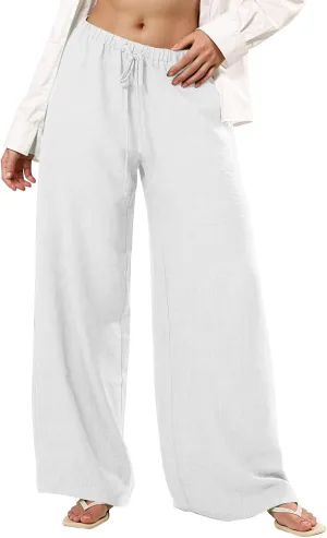 Wide Leg Linen Pants for Women Baggy Lightweight Summer Pants Casual Elastic Drawstring Waist Flowy Boho Beach Pants
