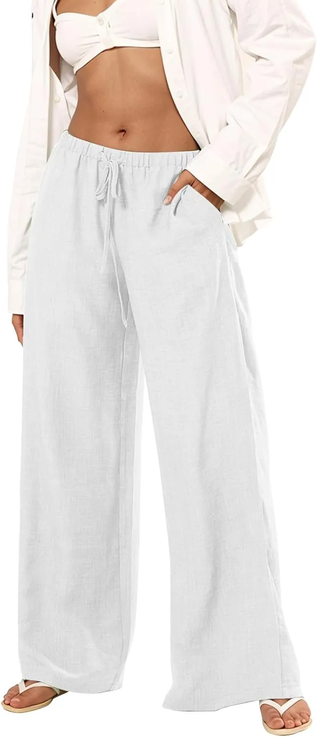 Wide Leg Linen Pants for Women Baggy Lightweight Summer Pants Casual Elastic Drawstring Waist Flowy Boho Beach Pants