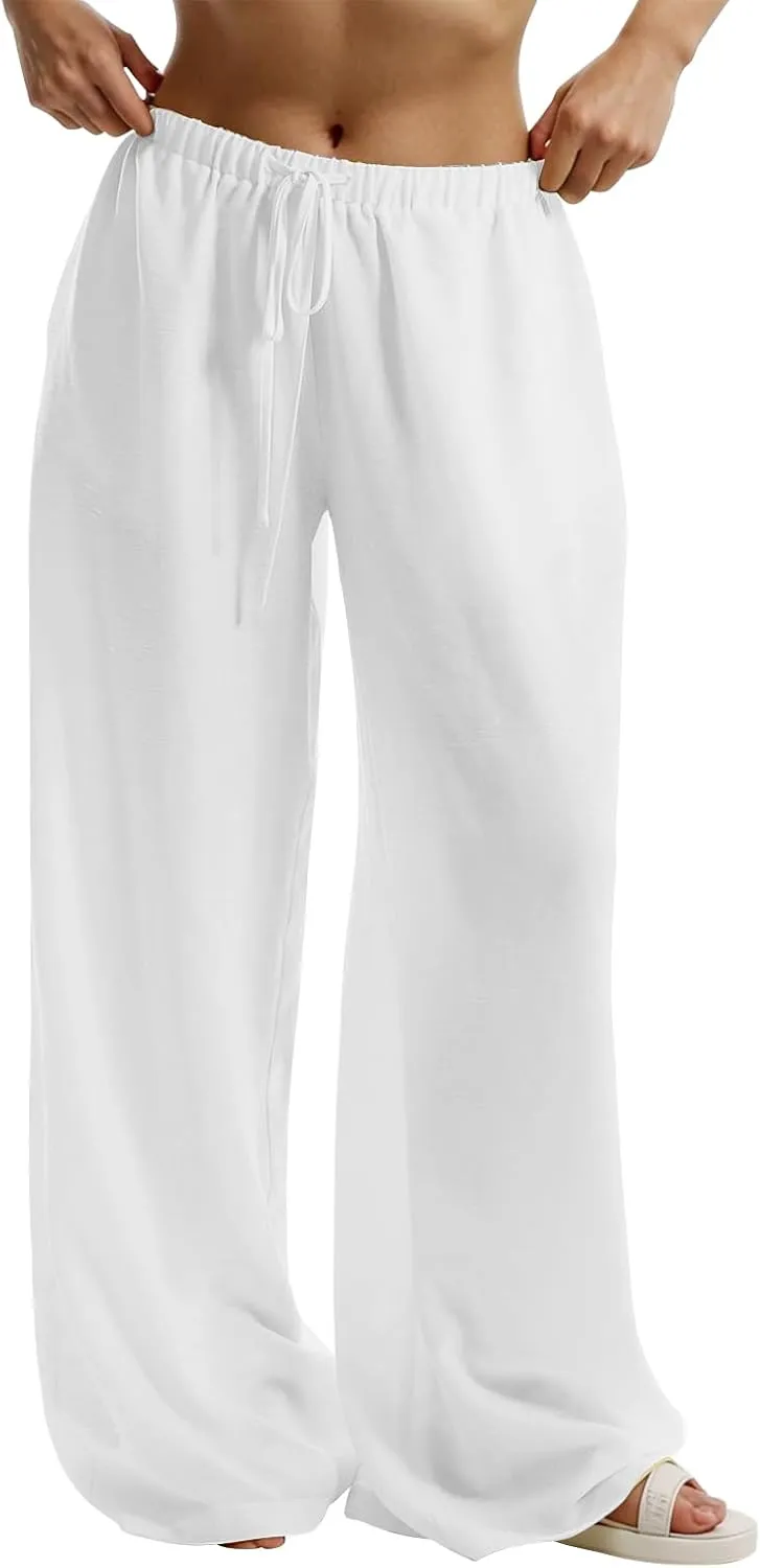 Wide Leg Linen Pants for Women Baggy Lightweight Summer Pants Casual Elastic Drawstring Waist Flowy Boho Beach Pants