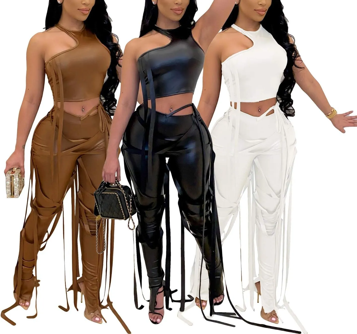 WOKANSE Women's Sexy 2 Piece Outfits Irregular Sleeveless Tank Top Solid Lace Up Split Bodycon Pants Set