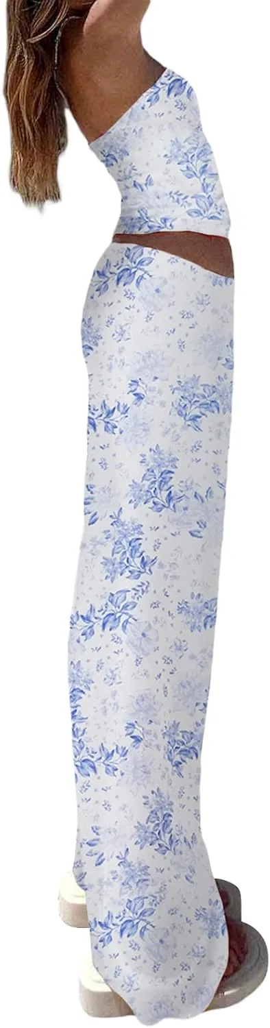 Women 2 Piece Long Skirt Set Floral Strapless Tube Top and Bodycon Maxi Skirts Summer Vintage Streetwear