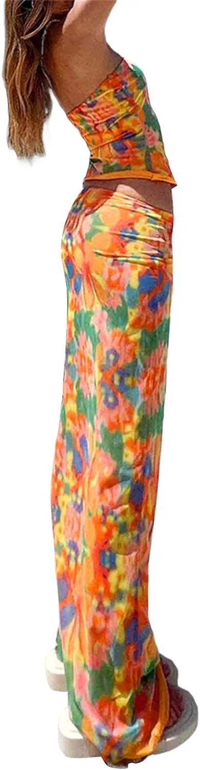 Women 2 Piece Long Skirt Set Floral Strapless Tube Top and Bodycon Maxi Skirts Summer Vintage Streetwear