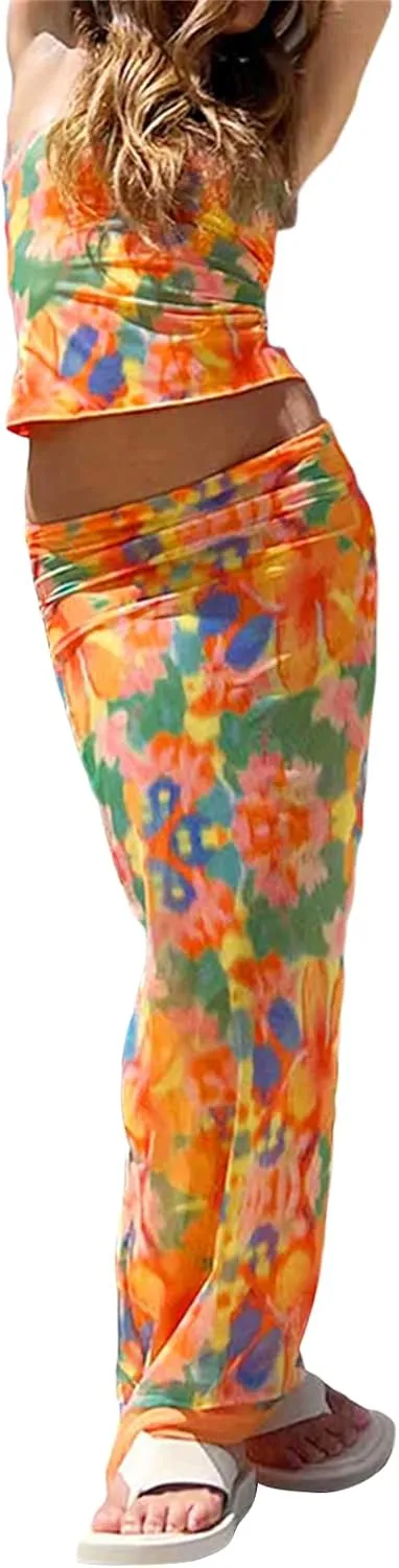 Women 2 Piece Long Skirt Set Floral Strapless Tube Top and Bodycon Maxi Skirts Summer Vintage Streetwear