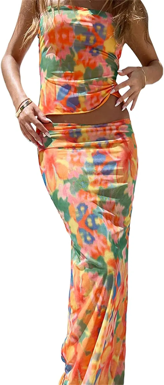 Women 2 Piece Long Skirt Set Floral Strapless Tube Top and Bodycon Maxi Skirts Summer Vintage Streetwear