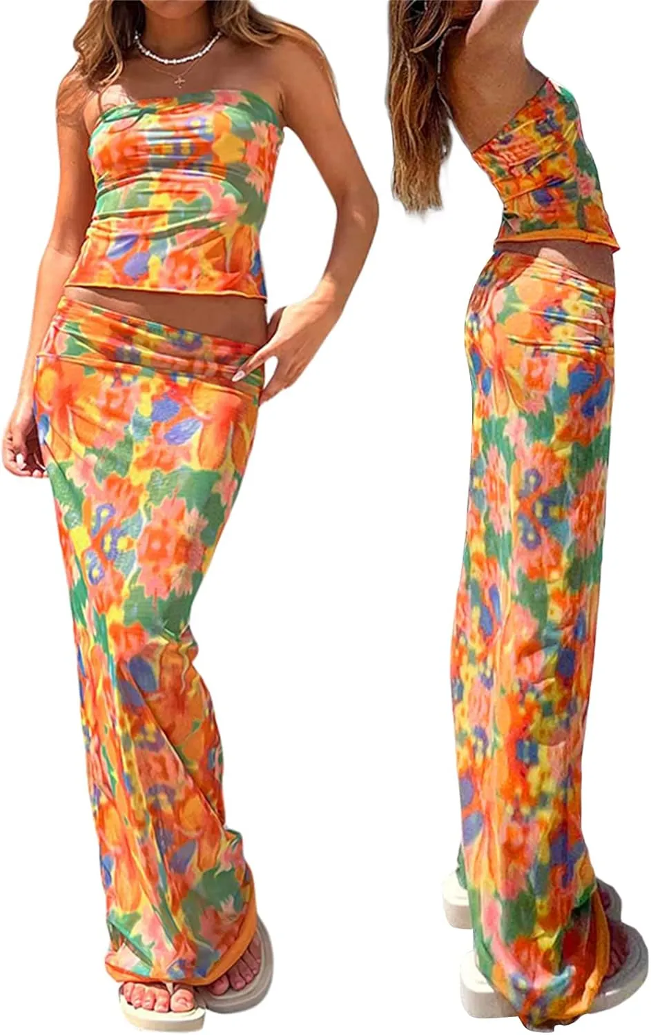 Women 2 Piece Long Skirt Set Floral Strapless Tube Top and Bodycon Maxi Skirts Summer Vintage Streetwear