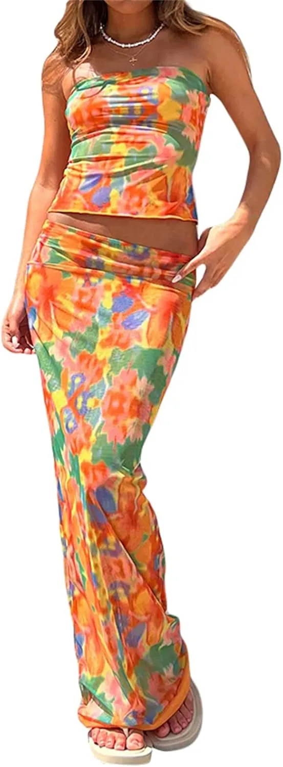 Women 2 Piece Long Skirt Set Floral Strapless Tube Top and Bodycon Maxi Skirts Summer Vintage Streetwear