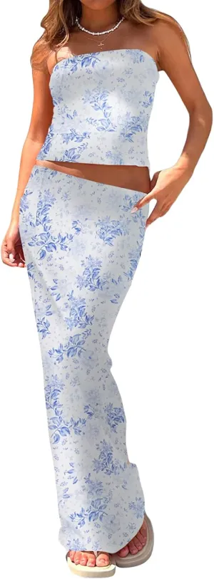 Women 2 Piece Long Skirt Set Floral Strapless Tube Top and Bodycon Maxi Skirts Summer Vintage Streetwear
