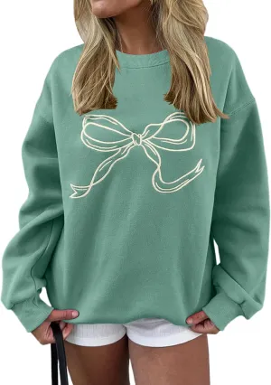 Women Bow Graphic Fleece Sweatshirts Oversized Embroidered Pullover Sweatshirts Crewneck Long Sleeve Going Out Tops