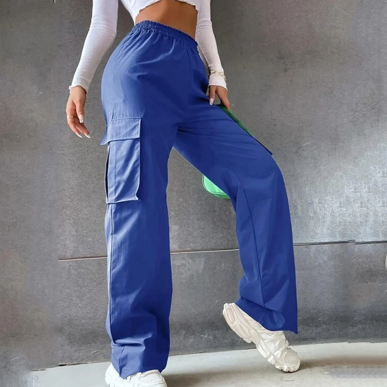 Women Cargo Pants with Pockets Elastic High Waist Casual Work Pants Dressy Straight Wide Leg Trousers 2025 Trendy