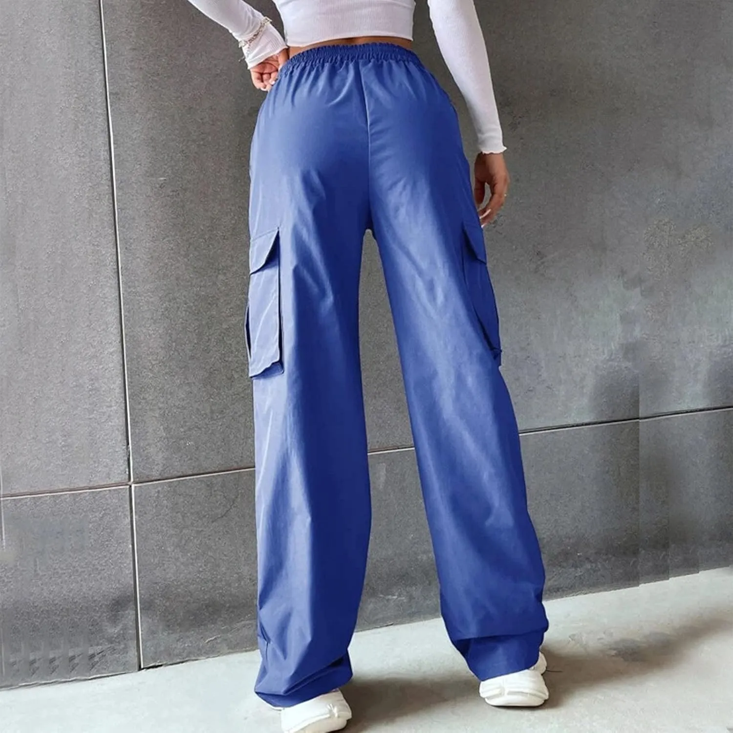 Women Cargo Pants with Pockets Elastic High Waist Casual Work Pants Dressy Straight Wide Leg Trousers 2025 Trendy
