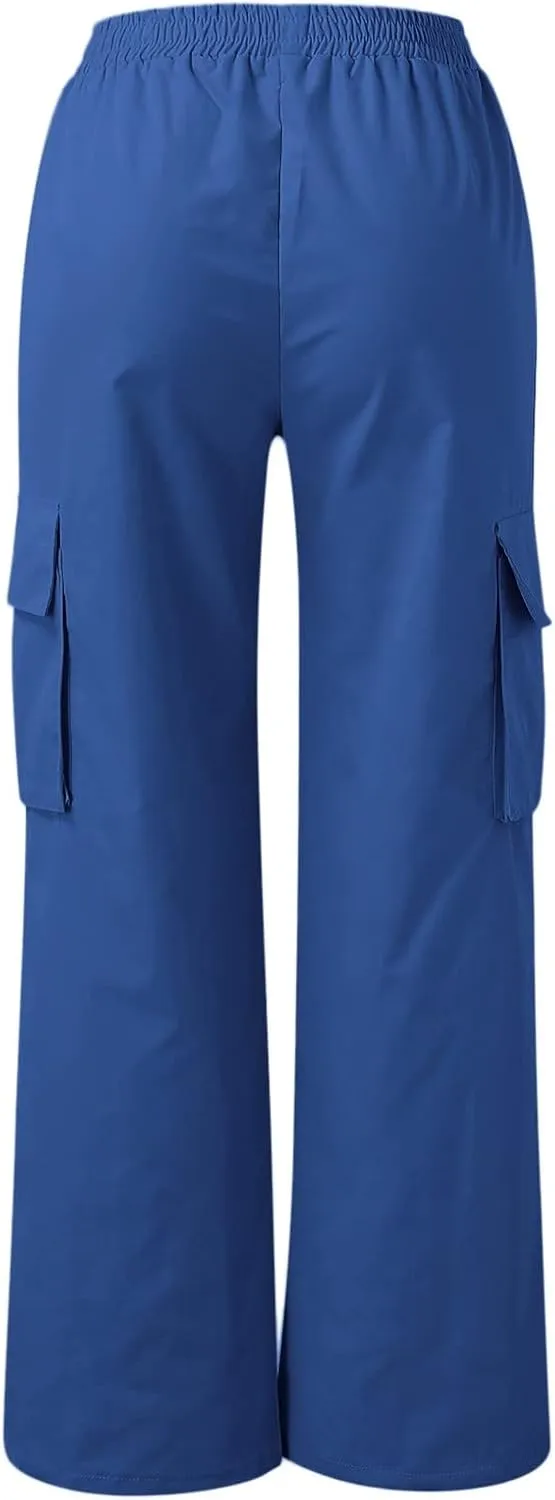 Women Cargo Pants with Pockets Elastic High Waist Casual Work Pants Dressy Straight Wide Leg Trousers 2025 Trendy