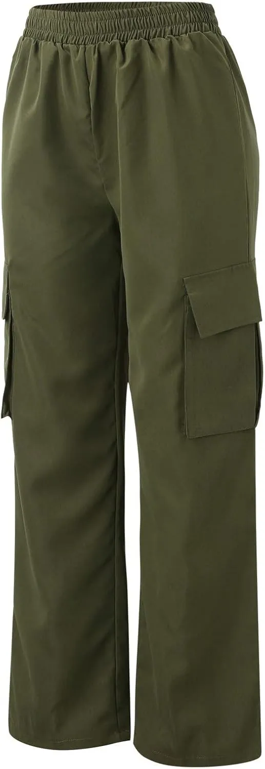 Women Cargo Pants with Pockets Elastic High Waist Casual Work Pants Dressy Straight Wide Leg Trousers 2025 Trendy
