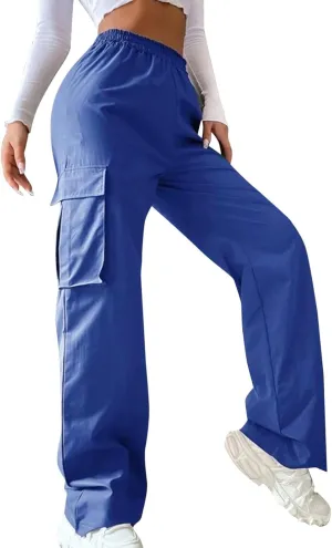 Women Cargo Pants with Pockets Elastic High Waist Casual Work Pants Dressy Straight Wide Leg Trousers 2025 Trendy
