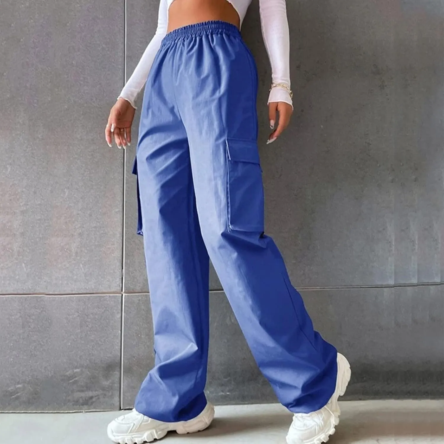 Women Cargo Pants with Pockets Elastic High Waist Casual Work Pants Dressy Straight Wide Leg Trousers 2025 Trendy