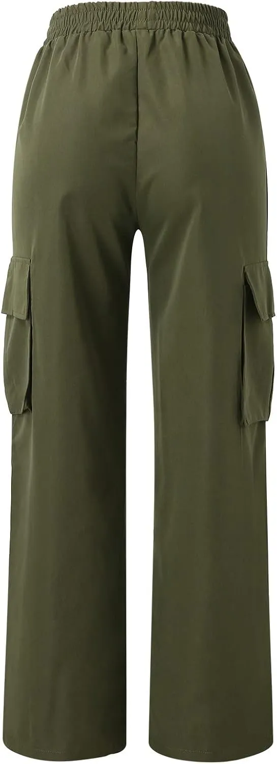 Women Cargo Pants with Pockets Elastic High Waist Casual Work Pants Dressy Straight Wide Leg Trousers 2025 Trendy