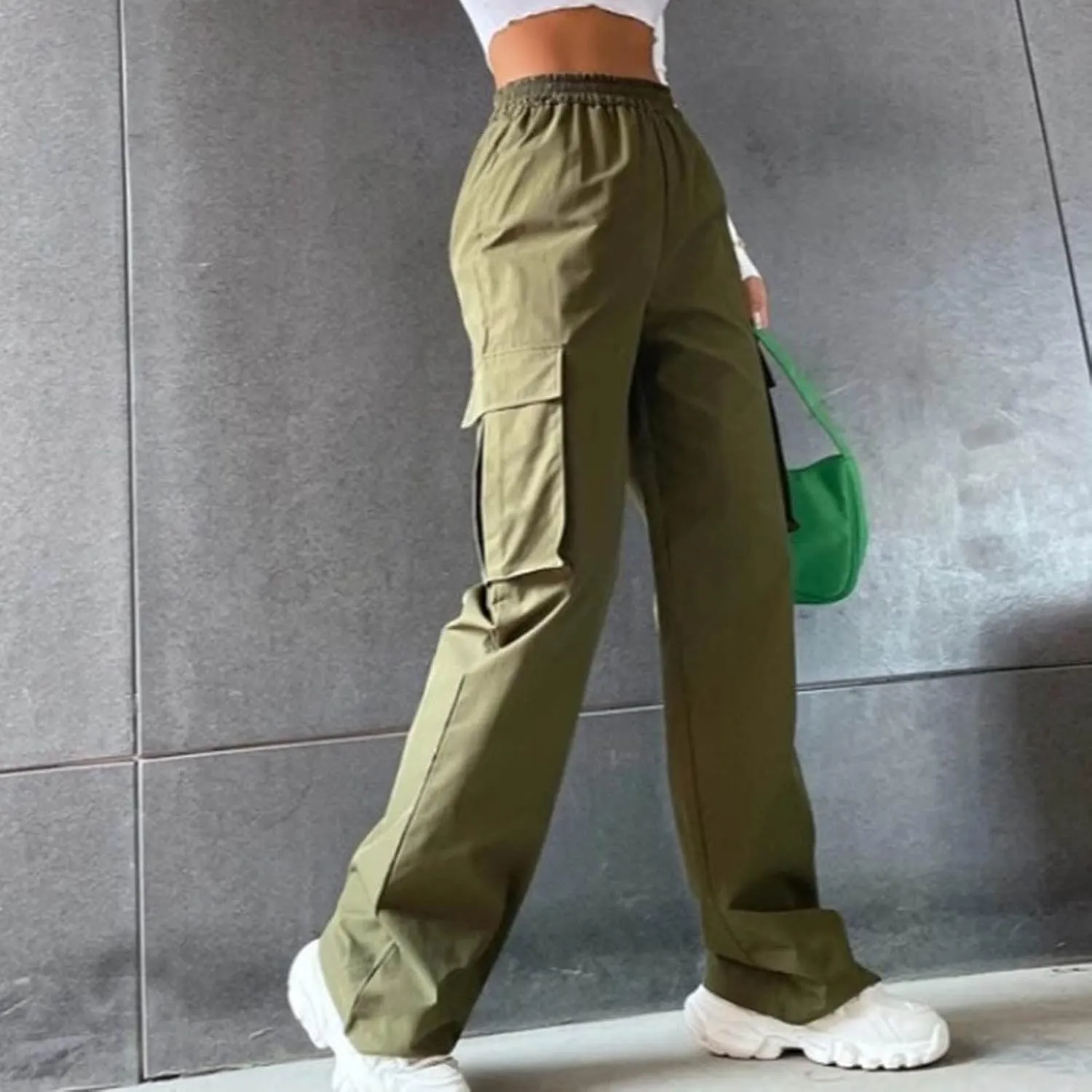 Women Cargo Pants with Pockets Elastic High Waist Casual Work Pants Dressy Straight Wide Leg Trousers 2025 Trendy