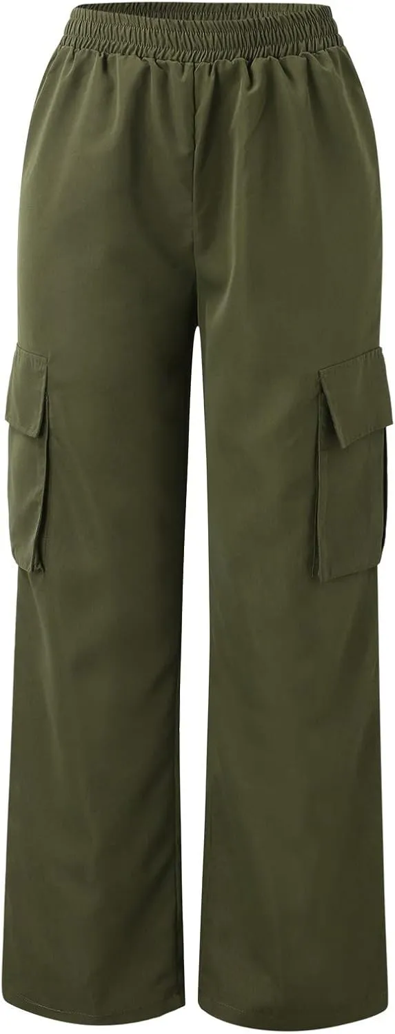 Women Cargo Pants with Pockets Elastic High Waist Casual Work Pants Dressy Straight Wide Leg Trousers 2025 Trendy