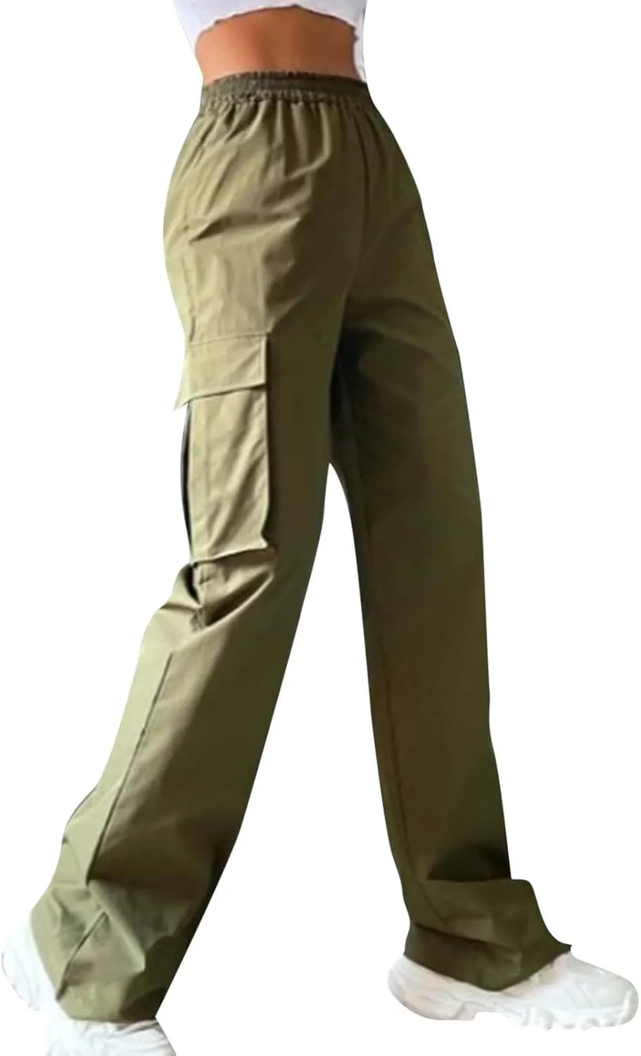 Women Cargo Pants with Pockets Elastic High Waist Casual Work Pants Dressy Straight Wide Leg Trousers 2025 Trendy