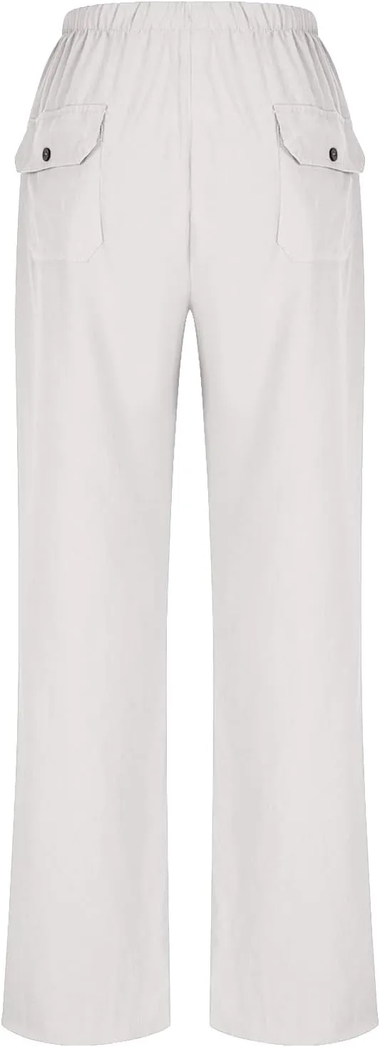 Women Cotton Linen All Match Casual Pants, Summer Drawstring Wide Leg Trousers Going Out Vacation Clothes with Pockets