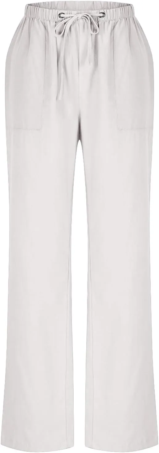 Women Cotton Linen All Match Casual Pants, Summer Drawstring Wide Leg Trousers Going Out Vacation Clothes with Pockets