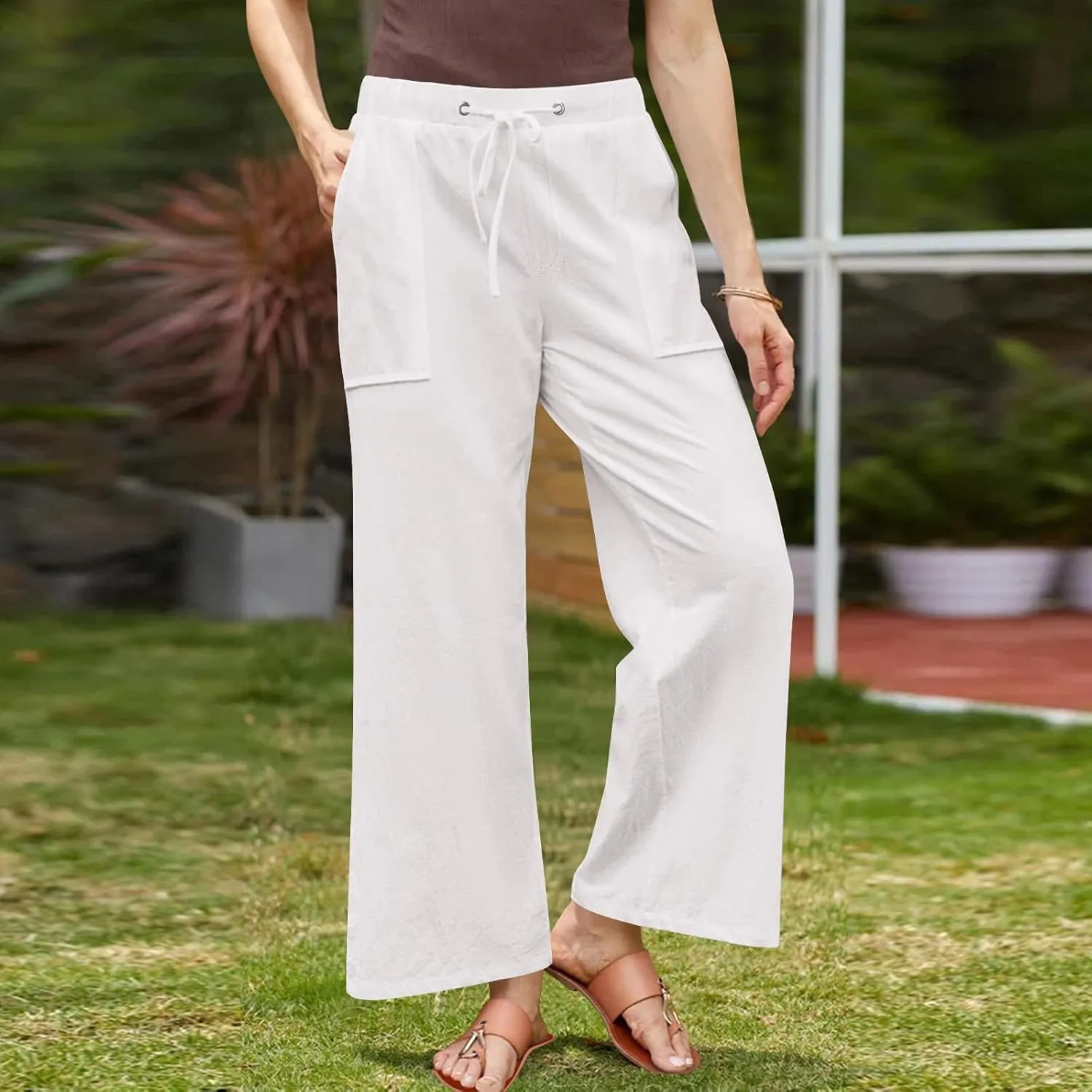 Women Cotton Linen All Match Casual Pants, Summer Drawstring Wide Leg Trousers Going Out Vacation Clothes with Pockets