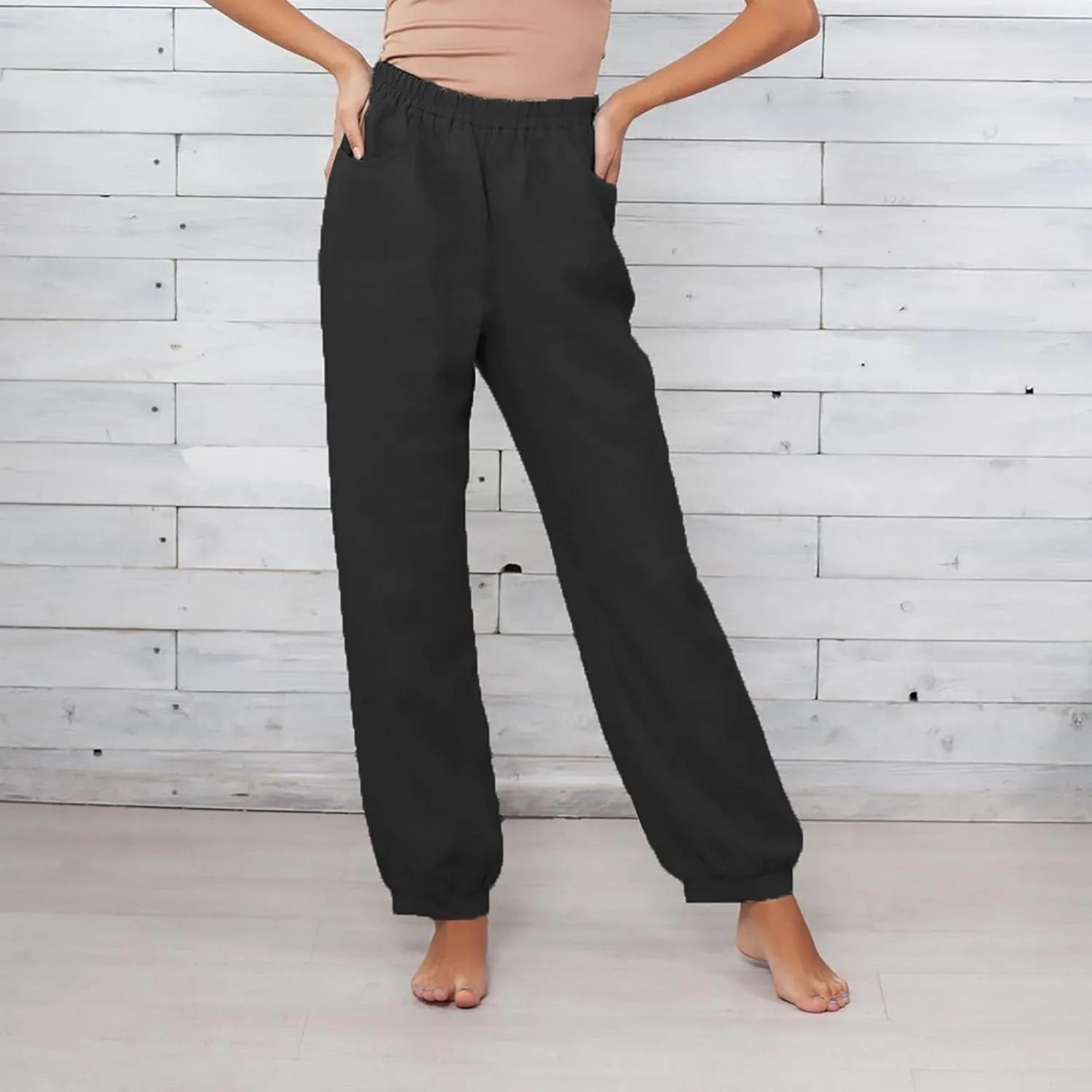 Women Cotton Linen Pants Elastic Waist Straight Wide Leg Pants Summer Casual Vacation Long Trousers with Pockets 2025