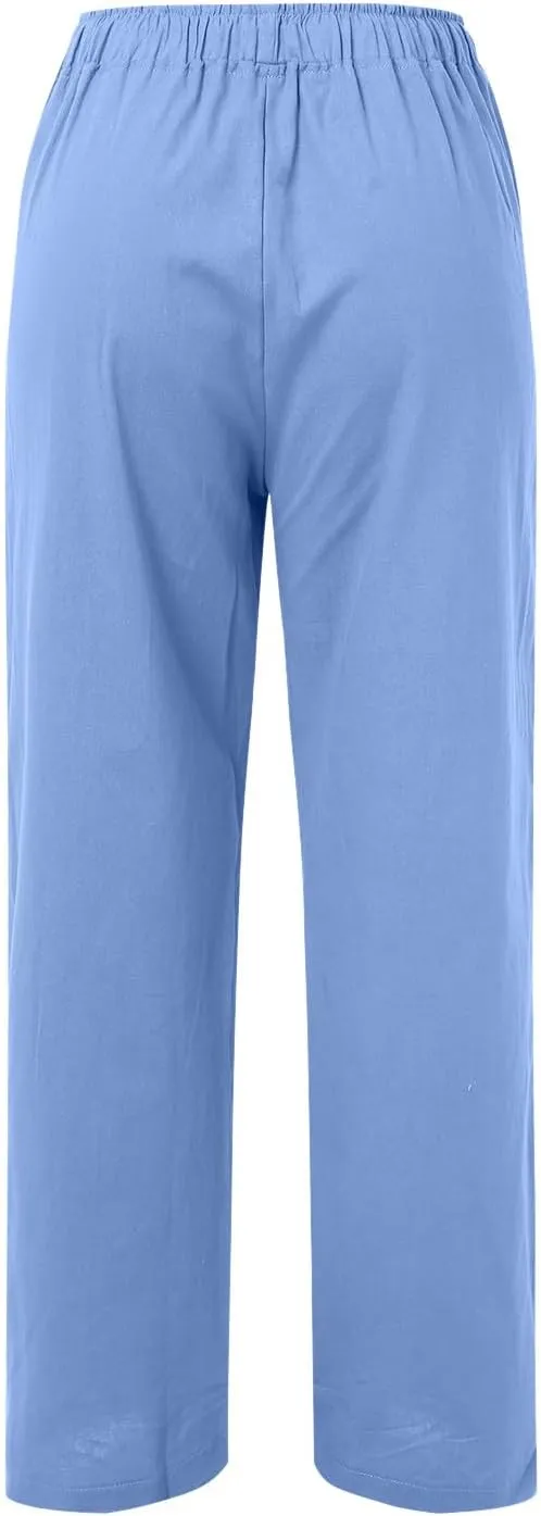 Women Cotton Linen Summer Drawstring Palazzo Lounge Pants Elastic Waist Long Lounge Slim Fit Palazzo Lounge