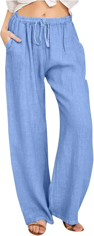 Women Cotton Linen Summer Drawstring Palazzo Lounge Pants Elastic Waist Long Lounge Slim Fit Palazzo Lounge