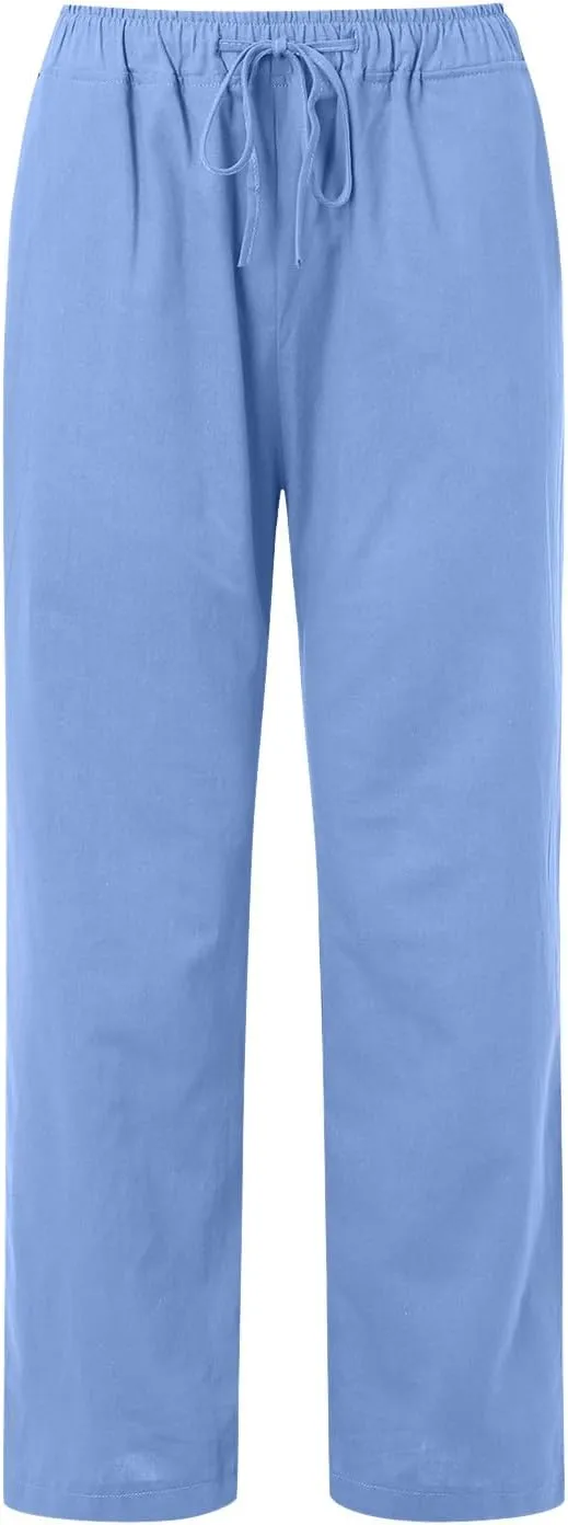 Women Cotton Linen Summer Drawstring Palazzo Lounge Pants Elastic Waist Long Lounge Slim Fit Palazzo Lounge