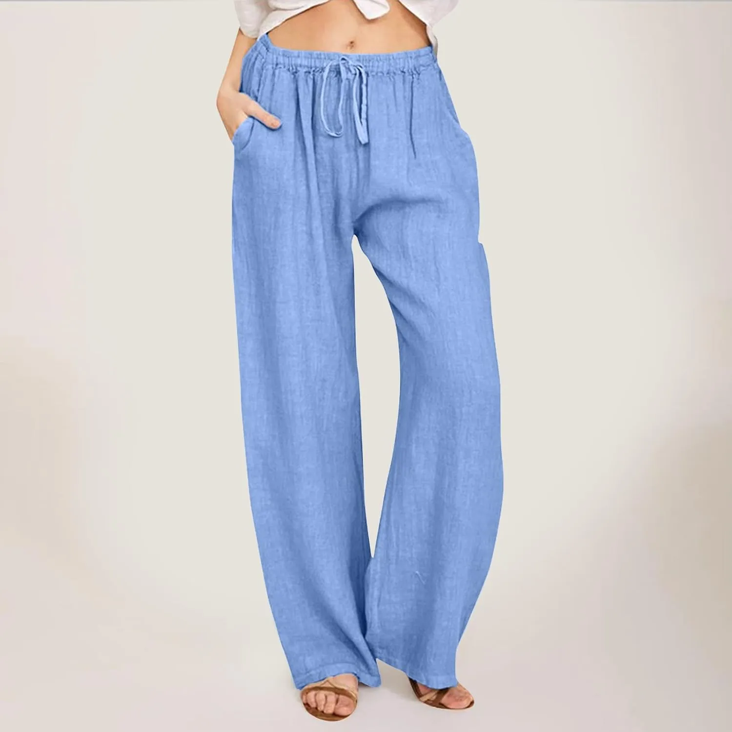 Women Cotton Linen Summer Drawstring Palazzo Lounge Pants Elastic Waist Long Lounge Slim Fit Palazzo Lounge