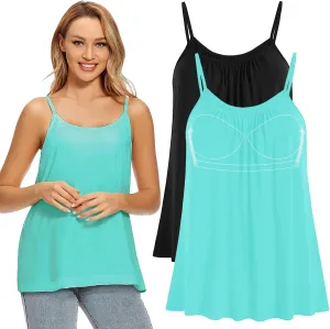 Women Flowy Pleated Camisole with Built in Bra Loose Casual Sleeveless Tank Tops