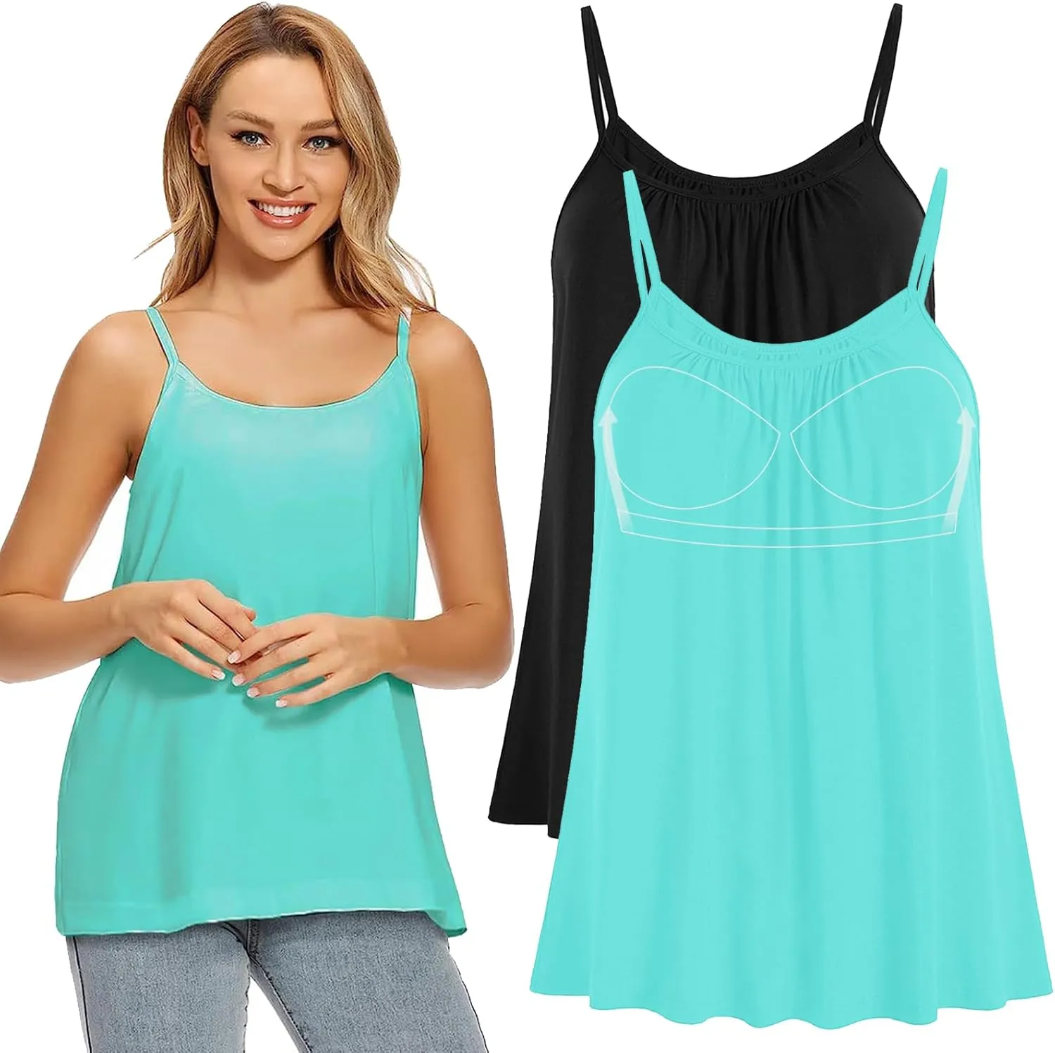 Women Flowy Pleated Camisole with Built in Bra Loose Casual Sleeveless Tank Tops