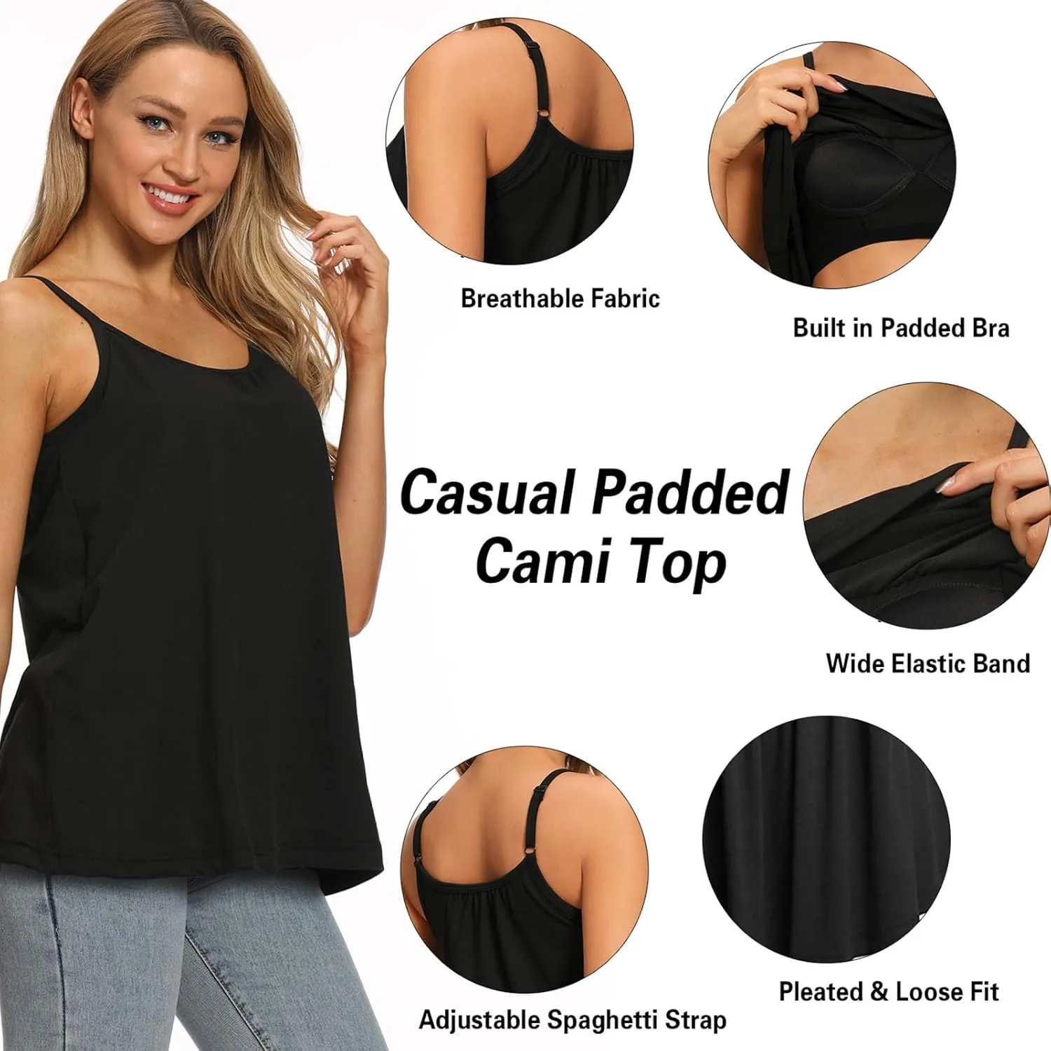 Women Flowy Pleated Camisole with Built in Bra Loose Casual Sleeveless Tank Tops